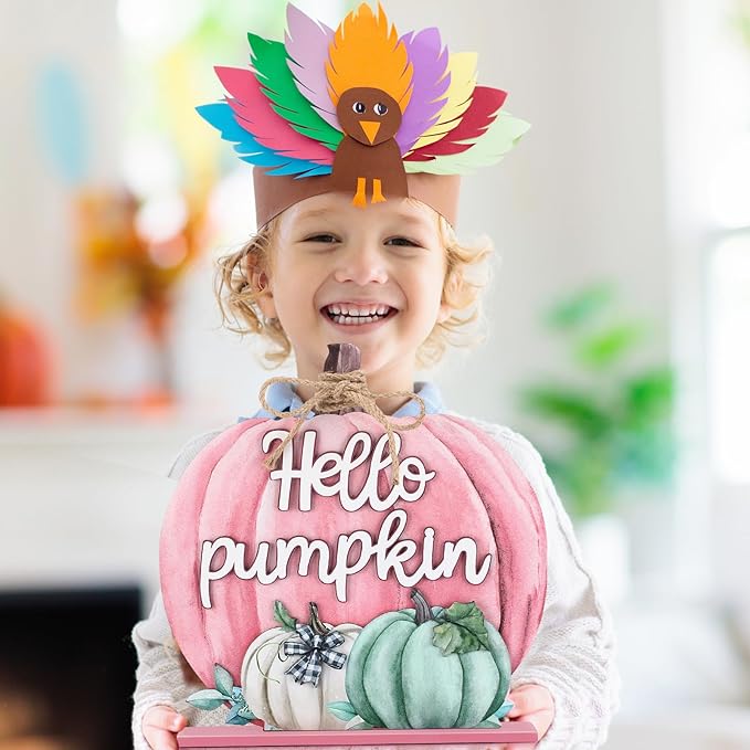 Soaoo Fall Decoration Wooden Fall Hello Pumpkin Sign Autumn Pumpkin Table Decor 11 Inch Wooden Autumn Desktop Ornament for Farmhouse Home Living Room Harvest Day Thanksgiving Decor(Pink,Lovely)