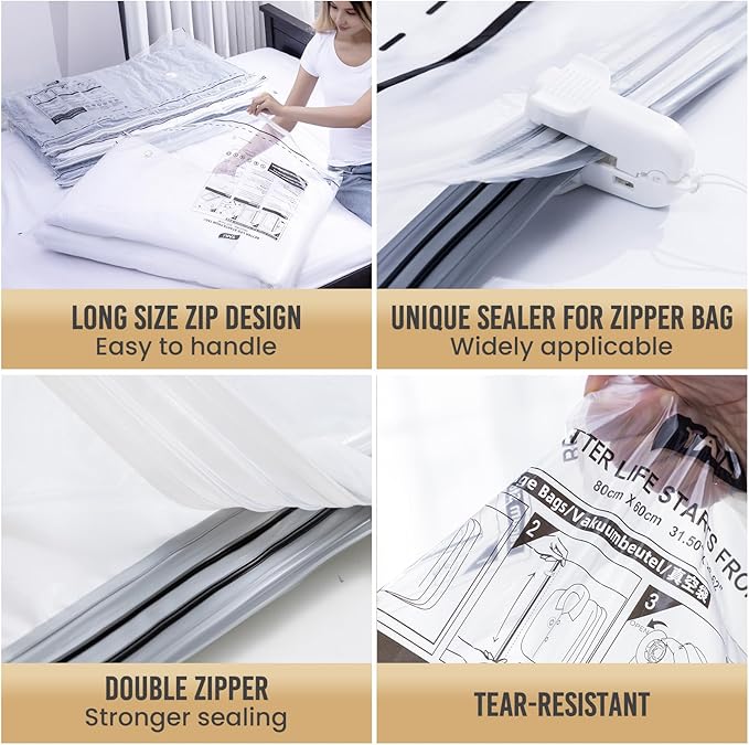 TAILI 6 Pack Vacuum Storage Bags, Combo(3 Large+3 Jumbo), Space Saver for Bedding, Blankets, Pillows, Clothes, LONG SIDE ZIP Vacuum Seal Bags for Clothing Ideal Under Bed Storage Solution