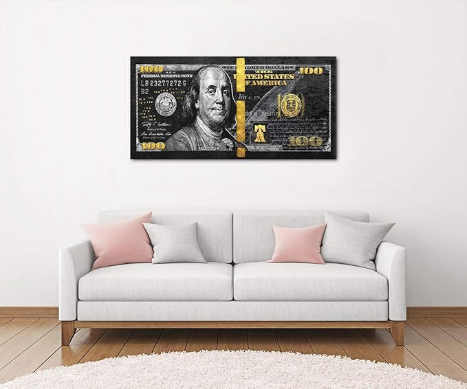 Golden 100 Dollars Money Canvas Office Home Artwork Paintings Prints Motivational Black 100 USD Money Wall Art HD Print Modern Home Rest Room Decor Wooden Framed and Stretched Easy to Hang-40 Wx20 H