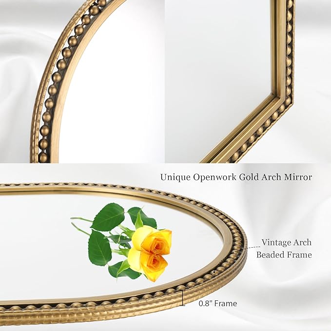 24" x 36" Arch Wall Mirror, Antique Gold Metal Beaded Frame Bathroom Mirror, Vintage Classic Distressed Hanging Mirror for Vanity Mantel Entryway Living Room