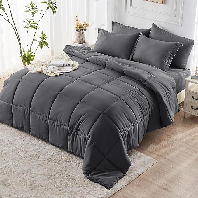 JOLLYVOGUE Twin Comforter Set, Ultra-Soft Bed in a Bag Twin Size 5 Pieces, Oeko-TEX Certified Bedding Set with Down Alternative Comforter, Sheets, Pillowcases & Shams, Dark Grey