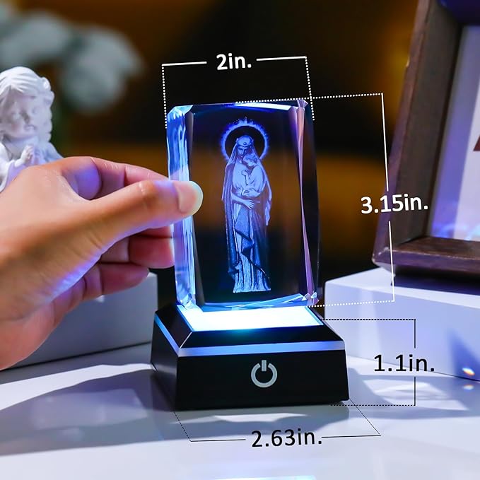 Movdyka Virgin Mary Statue Night Light - 3D Laser Engraved Madonna and Child Crystal Cube with Color-Changing LED Base | Catholic Gifts for Women & Men