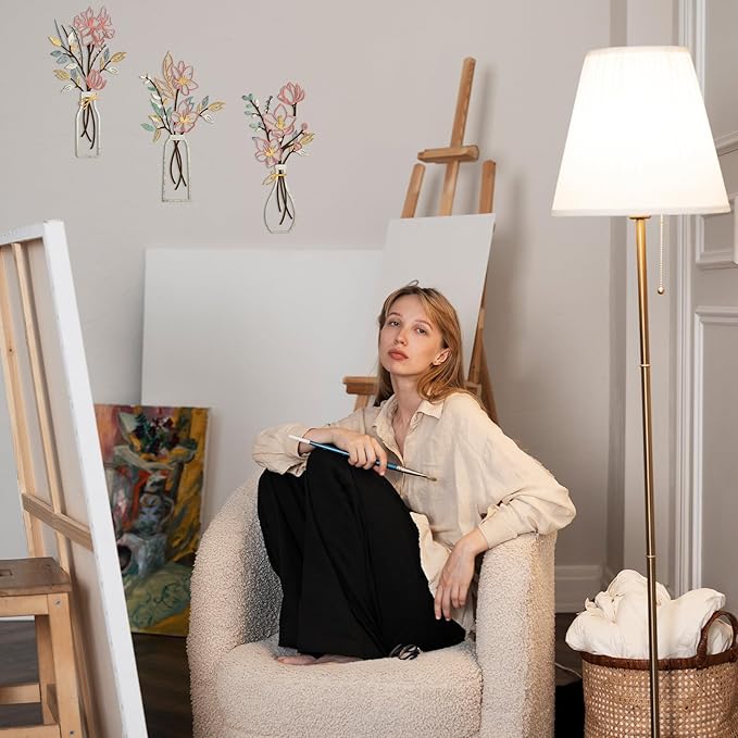 ARTINME 3 Pieces Metal Flowers Wall Arts - Pink and Beige Rustic Farmhouse Decor Minimalist Flower Wall Decors for Living room Bathroom Kitchen Bedroom Dining Room - Housewarming Gifts