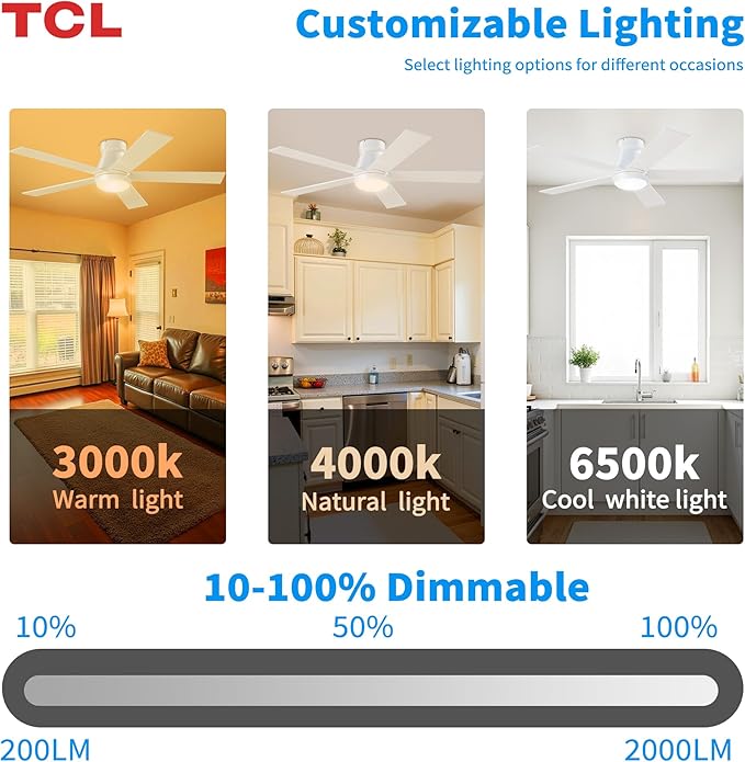 TCL 52" White Ceiling Fan with Light and Remote, Modern LED 3-Color, 3CCT, Quiet Motor for Bedroom, Living Room, Dining Room, Ceiling Fans with Lights (White)