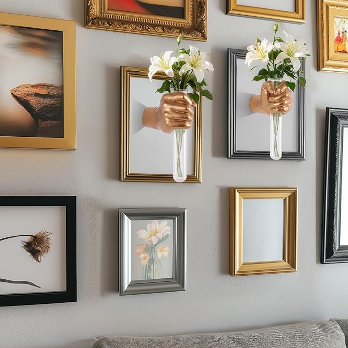 2 Pieces Wall Sculptures, Hands Vase Home Decor, Wall Mount Art Sculpture, Unique Wall Art Statue, Funky Flower Vase Decorations, Modern Eclectic Hanging Decor,Hands Statue (Gold)