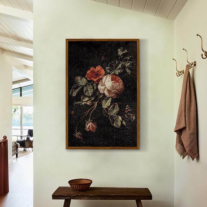 crmotu Large Framed Wall Art, Still Life Rose Canvas Prints, Botanical Floral Vintage Oil Paintings, Dark Academia Flower Pictures Wall Decor Living Room Bedroom Bathroom, Kitchen Decorations 24x36in