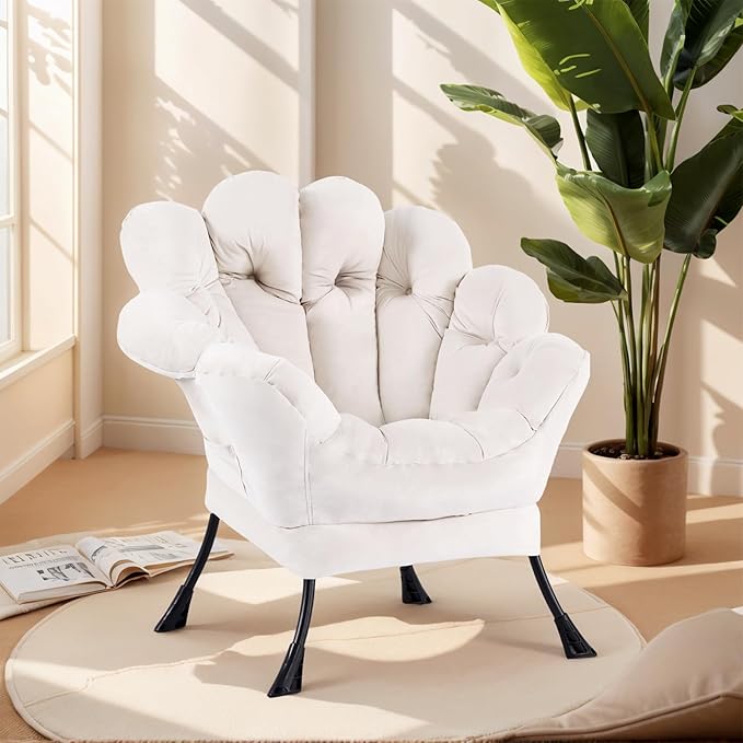 Lazy Chair, Modern Floral Reading Chair with Folding Footrest, Lounge Accent Chair, Comfortable Oversized Armchairs for Bedroom, Living Room, Courtyard, Velvet Beige