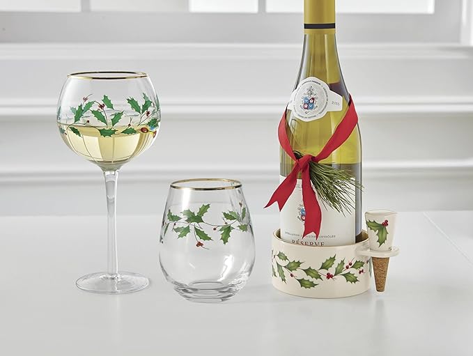 Lenox Drinkware, Holiday 4-Piece Wine Balloon Glass Set, Set Of 4, 16 Oz Capacity, Made From Glass, Festive Red Christmas Design, Hand Wash Only, Christmas Decorations, Winter Decor (4 Piece)