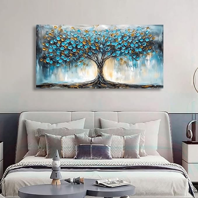Blue Tree Pictures Canvas Wall Art for Living room Office Bedroom Wall Decor,Abstract Wall Art Print Modern Noble Blue Tree Oil Painting Artwork Waterproof Ready to Hang-20x40inch