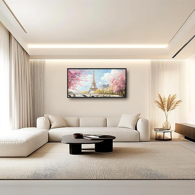 Eiffel Tower Framed Wall Art for Living Room, Large Paris Tower Canvas Wall Decor, Pink Cityscape Pictures Painting, Natural Landscape Modern Artwork for Living Room Bedroom 60L'' × 30W''