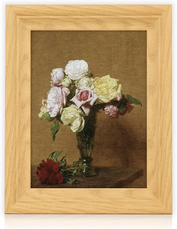 Brivoria Framed Canvas Wall Art Vintage Decor, Rustic Autumn Floral Still Life with Colorful Roses in Fluted Vase and Warm Tones for Bedroom Entryway Kitchen Bookshelf or Bathroom Fall Display, 8"x10"