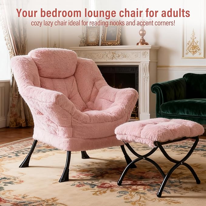Lazy Chair with Ottoman, Modern Chair with Folding Footrest, Lounge Accent Chair, Comfortable Reading Chair, Oversized Armchairs for Bedroom, Study, Living Room(Plush Pink)