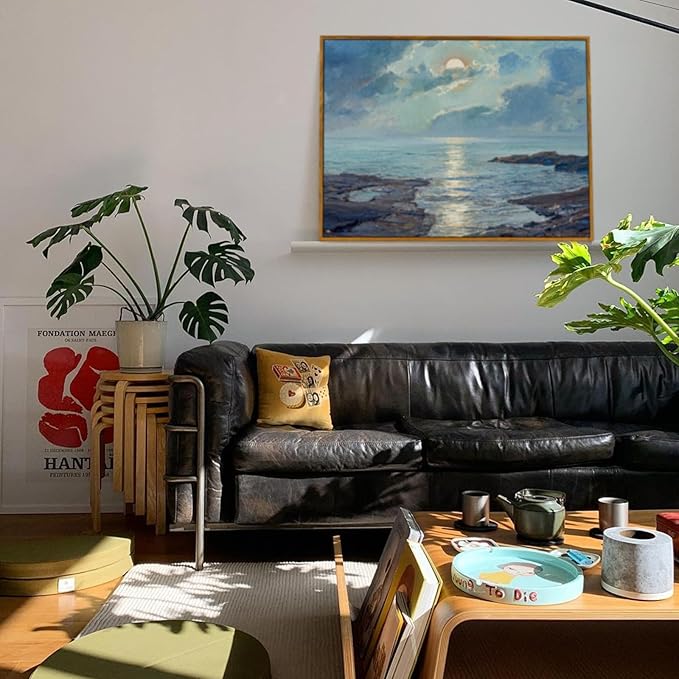 crmotu Landscape Framed Wall Art, Coastal Scenery Vintage Canvas Prints, Moonlit Night Aesthetic Decor Pictures, Blue Ocean French Country Wall Paintings for Living Room Bedroom Bathroom 12x16in