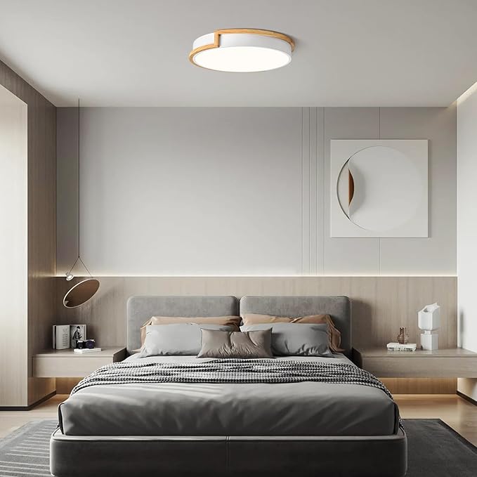 Dimmable LED Wood Flush Mount Ceiling Lights,Modern White 5CCT 2700K-6000K Lighting Fixtures,Round Ceiling Lamp for Kitchen Living Room Dining Room Bathroom Bedroom Entryway 15.8in