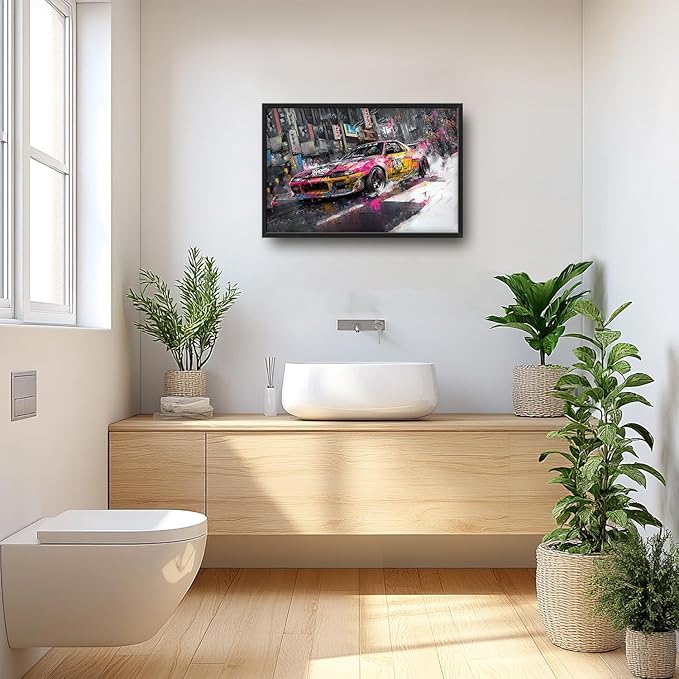 Flintis Large Japanese Graffiti Car Framed Wall Art Racing Car Pictures Wall Decor Abstract Street Racing Canvas Painting Print Artworks Framed for Living Room Bathroom Master Bedroom 36L X 24W