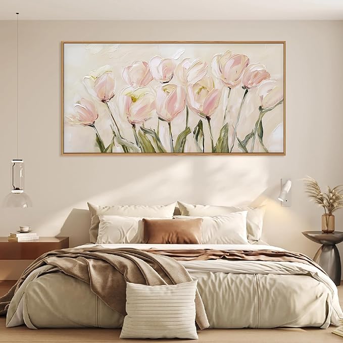 CHDITB Tulip Floral Framed Canvas Wall Art, 20"X40" Watercolor Flower Pink Tulip Textured Oil Painting, Modern Wildflower Wall Decor, Large Pink Floral Artwork for Living Room, Bedroom, Office