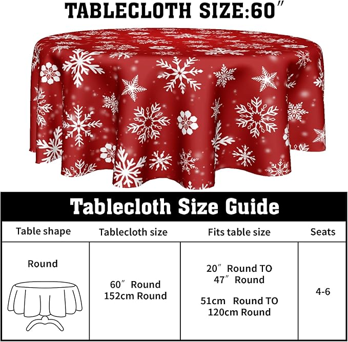 Merry Christmas Round Tablecloth 60 Inch Winter Red White Snowflakes Round Tablecloth for Christmas Washable Xmas Table Cloth for Home Kitchen Dining Room Patio Picnic Party Indoor Outdoor Decor