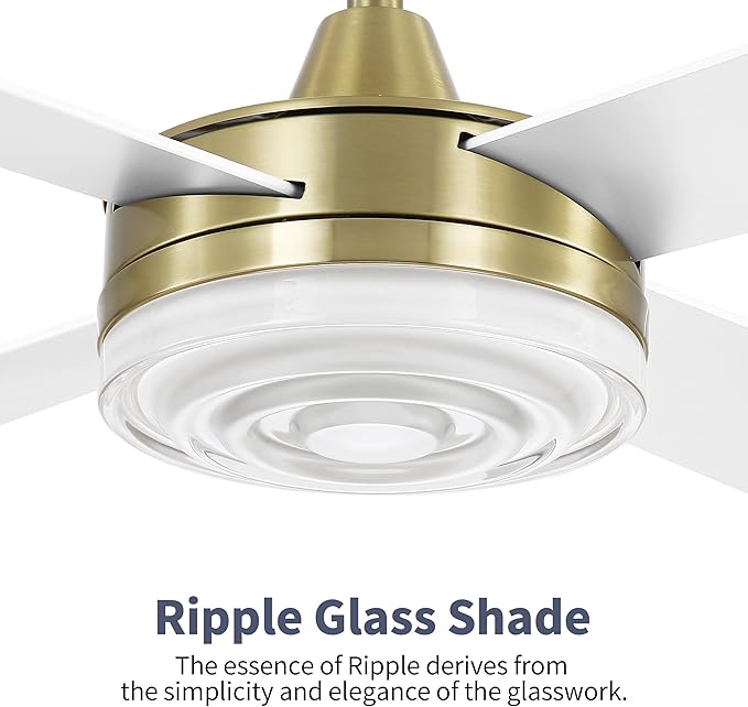 WINGBO 52 Inch Ceiling Fan with Lights and Remote, 3CCT, Modern Ceiling Fan with Ripple Glass Shade, 6-Speed Reversible DC Motor for Bedroom Living Room Kitchen Hallway, Brass and White