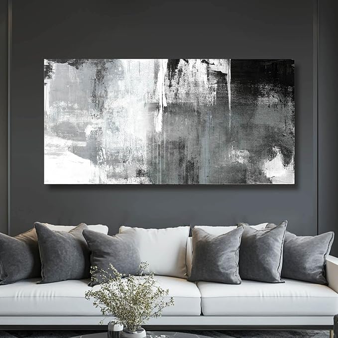 Kureful Black And White Wall Paintings Abstract Wall Decorations Canvas Prints Poster Wall Art 24”x48” Home Decor Grey Artwork Painting Pictures for Living Room Dinning Room
