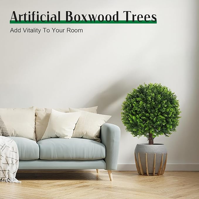 Set of 2 Artificial Boxwood Topiary Ball Bush for Outdoor with Ground Spike 22", UV Resistant Faux Greenery Shrubs, Fake Green Boxwood Plants for Indoor, Garden, Yard, Porch, Patio Decor