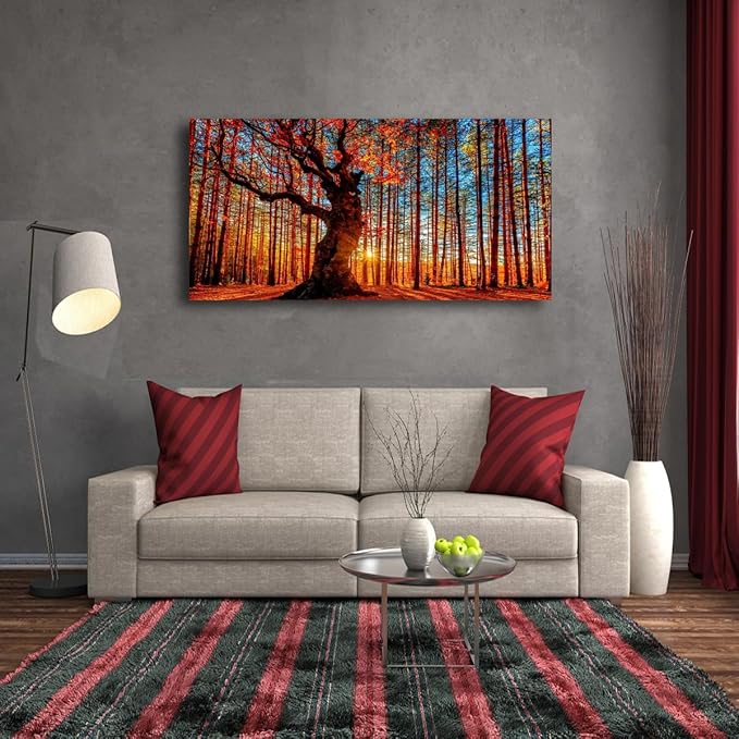 Tree of Life Wall Art Canvas Prints Natural Landscape Pictures Home Decor Colorful Forest Paintings for Living Room Bathroom Bedroom Kitchen Decorations 24x48 Wooden Framed Artwork Easy Hanging