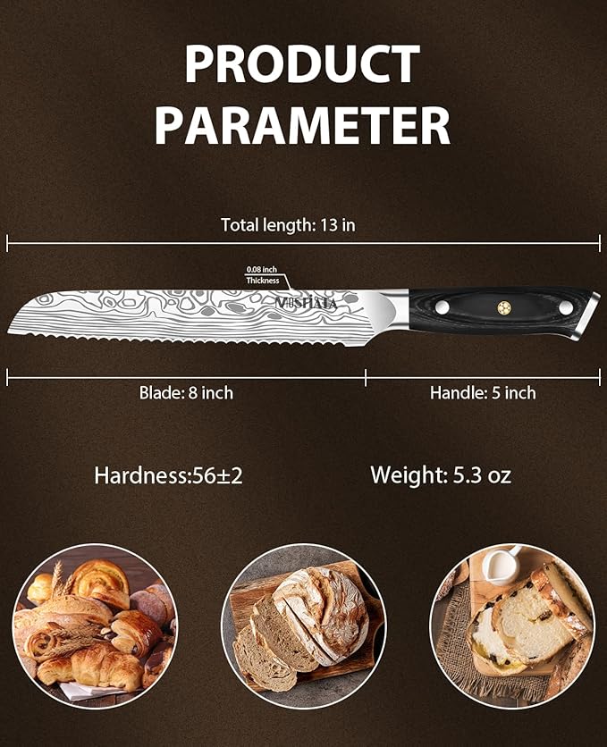 MOSFiATA Bread Knife 8” Ultra Sharp Serrated Knife, German High Carbon Stainless Steel EN1.4116 Bread Slicer with Bread Lame, Micarta Handle, For Bread, Cake, Bagels