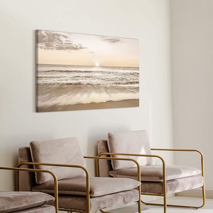 Beach Sunset Canvas Wall Art: Ocean Prints Sea Waves Picture Coastal Scenery Artwork Contemporary Large Tropical Nature Seascape Painting for Modern Living Room Bedroom Bathroom