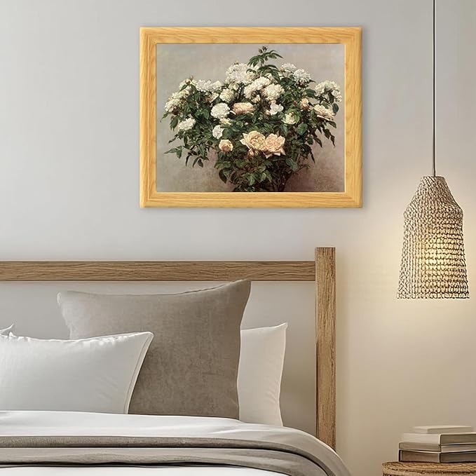 Brivoria Framed Canvas Wall Art Vintage Decor, Botanical Rose Plant Artwork with Blooming White and Pink Flowers and Soft Tones for Entryway Dining Room or Traditional Wall Decoration, 13"x16"