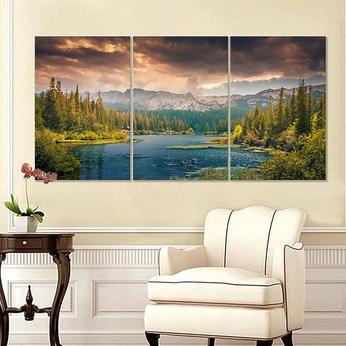 3 Piece Landscape Lake Wooden Framed Canvas Wall Art Mountains Forest Picture Print Nature Park Large Poster Painting Artwork for Living Room Office Wall Decoration Ready to Hang [72''Wx 36''H]