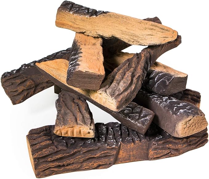 Barton 10-Pieces Ceramic Logs Set Gas Vented Fireplace Realistic Fire Log Stackable Logs Fire Place Fire Pit Insert Fireplace (10pcs) Wood Logs