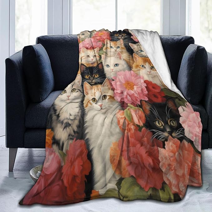 Cute Cat Blanket for Floral Lovers Grils Women Kitten Flower Flannel Throw Blankets for Home Couch Bed Sofa Soft Cozy Lightweight Decor All Season 60x50 Inches