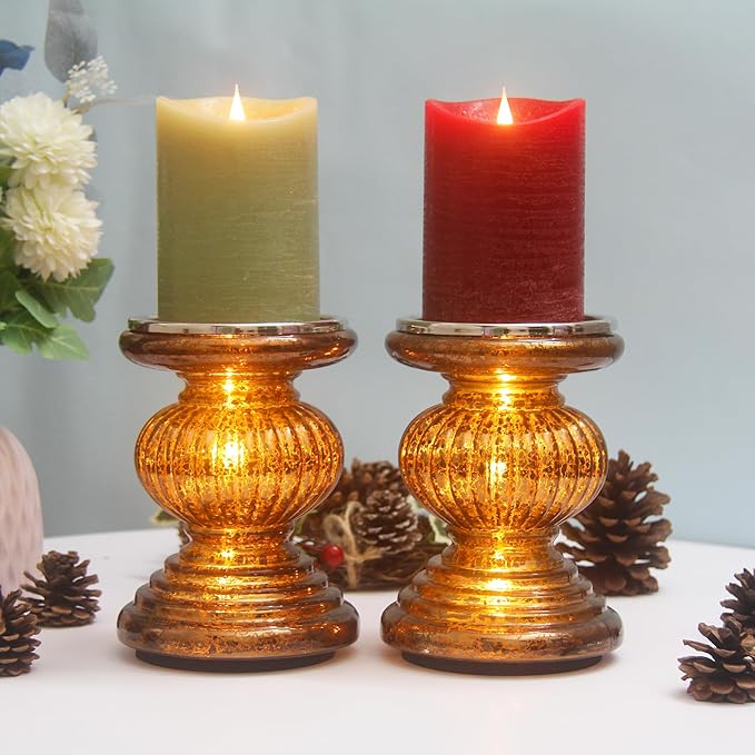Mercury Glass Pillar Candle Pedestal Holders with Lights Set of 2,Candle Holder for Pillar Candle,Candlestick Holders,Perfect Decoration for Wedding Home Dining Table Xmas(Chocolate)