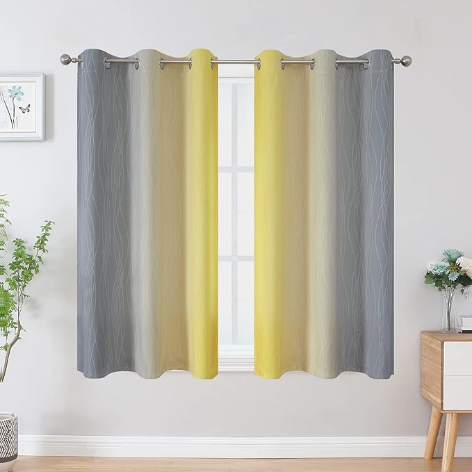 Ombre Gray and Yellow Blackout Curtains 45 Inch Length 2 panels, Full Room Darkening Curtains for Kids Room, Grommet Thermal Insulated Gradient Drapes, Light Blocking Curtains for Bedroom, 42x45 Inch