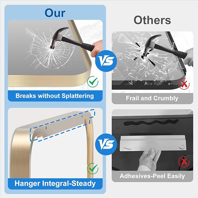 Brushed Gold Bathroom Mirror 24x36 Inch, Rounded Rectangular Bathroom Mirrors, Aluminum Alloy Frame Bathroom Mirror, Farmhouse, Hangs Horizontally or Vertically, HD Tempered Glass