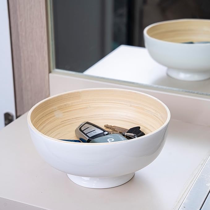 PEMAR 8" Lacquer Bamboo Fruit Bowl for Kitchen Counter, Handmade Large Decorative Pedestal Bowl for Entryway Table Home Decor, Key Bread Candy Snacks Organizer (White Cream)