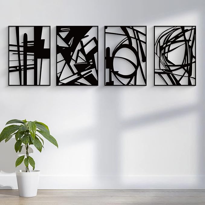 Glamativity 4 Pack Black Abstract Metal Wall Art, Minimalist Décor Single Line Art Wall Décor, 3D Textured Metal Wall Sculptures, for Living Room Bedroom Bathroom Study Room (Black Abstract, M Size 16 x 11'')