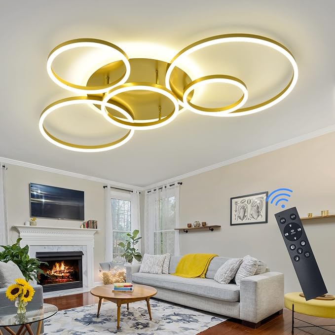 Modern LED Ceiling Light Gold Dimmable 5 Rings Flush Mount Ceiling Light Fixtures with Remote Control 106W 10000LM Ceiling Lighting for Living Room Bedroom Kitchen Dining Room 3000-6000K…