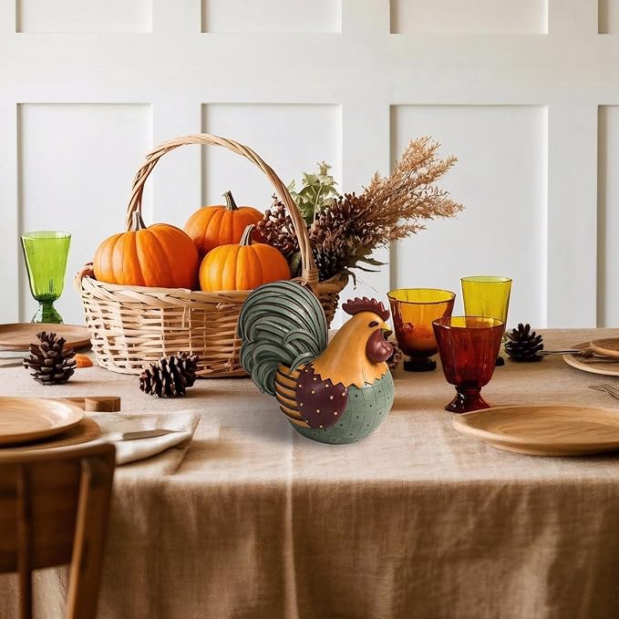 Chicken Statue, 8.3×7.8 Inch Resin Fall Harvest Rooster Figurine Table Top Centerpiece Decorations for Home Kitchen Counter, Thanksgiving Indoor Tabletop Mantel Desk Farmhouse Decor