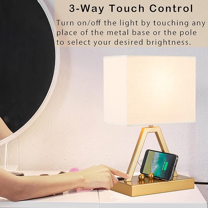 Briever Touch Control Table Lamp, 3-Way Dimmable Desk Lamp with USB C & USB A and AC Outlet, Bedside Lamp with Phone Stand and Fabric Shade for Bedroom, Living Room,Bulb Included, Gold