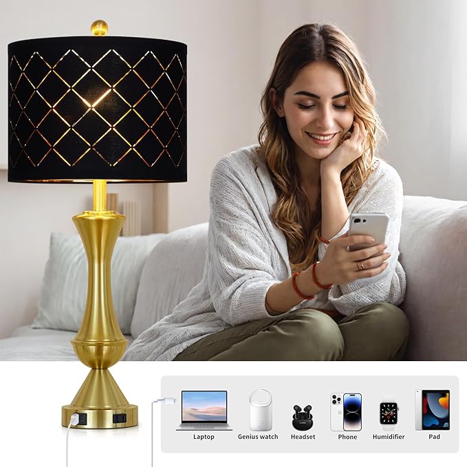 29" Gold Modern Table Lamps Set of 2, 3-Way Dimmable Touch Lamps for Nightstand with USB A+C & Outlets,Brass Lamps for Living Room, Bedroom, Nightstand, Entryway(2 Bulbs Included)