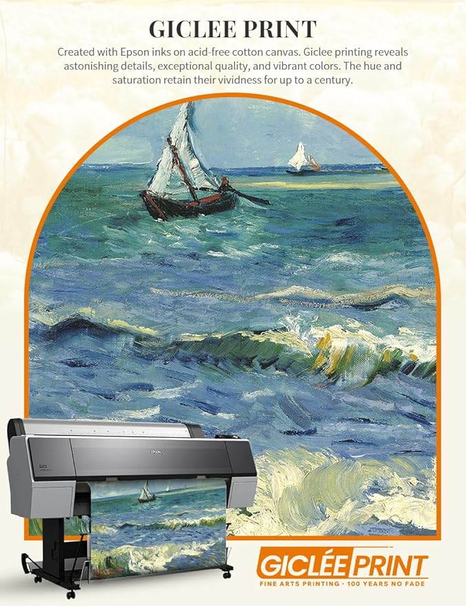 DECORARTS - The Sea at Les Saintes-Maries-de-la-Mer by Vincent Van Gogh. Giclee Print on Acid-Free Canvas in Gold Solid Wood Frame. Picture Size: 20x16, Total Size: 24.75x20.75, Made in USA