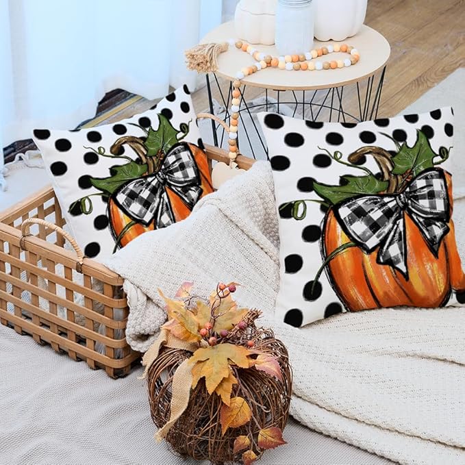 AACORS Fall Throw Pillow Cover 18x18 Set of 2,Polka Dots Pumpkin Decor Autumn Farmhouse Seasonal Pillow Case Decoration for Home Sofa Couch AA279-18-2