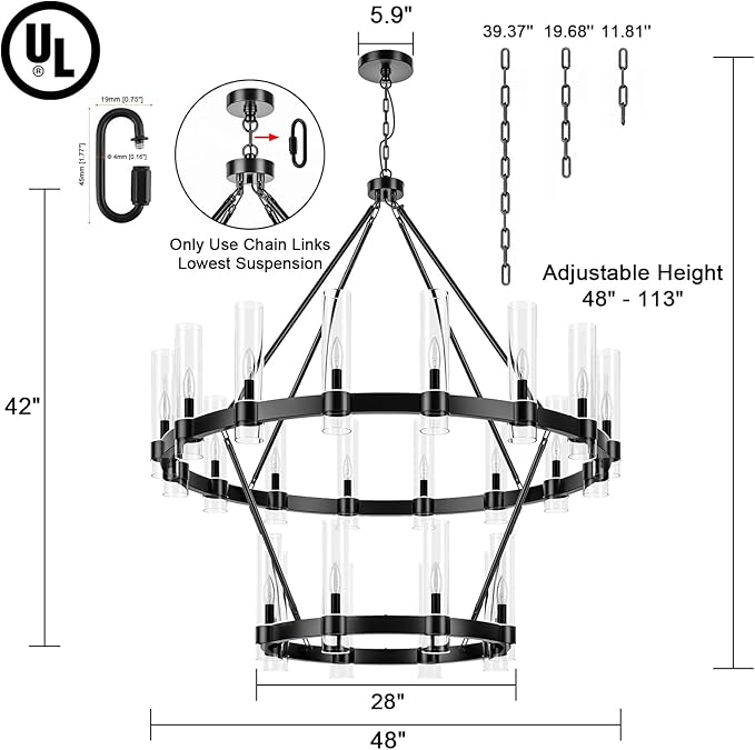 48 Inch Black Wagon Wheel Chandelier 2 Tier with Glass Shade, 24 Lights, Modern Farmhouse Style, Ideal for Dining Room, Kitchen, Entryways