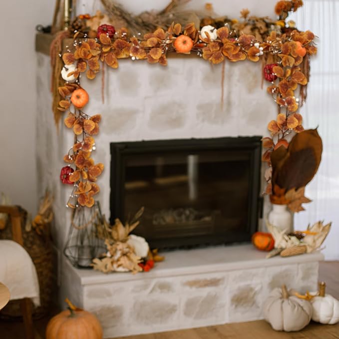 Zeyune 1 Pcs 6ft Long Fall Artificial Garland with Pumpkin Autumn Mixed Eucalyptus Garland Farmhouse Hanging Rustic Fall Wreath Decor for Front Door Kitchen Fireplace Home Indoor Outdoor