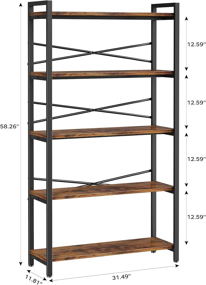 5 Tier Bookshelf 31.49" Width, Book Organizers and Storage, Wood and Metal Tall Bookcase, Rustic Book Shelf Organization and Storage for Home Living Room Bedroom Office Storage(Rustic Brown)