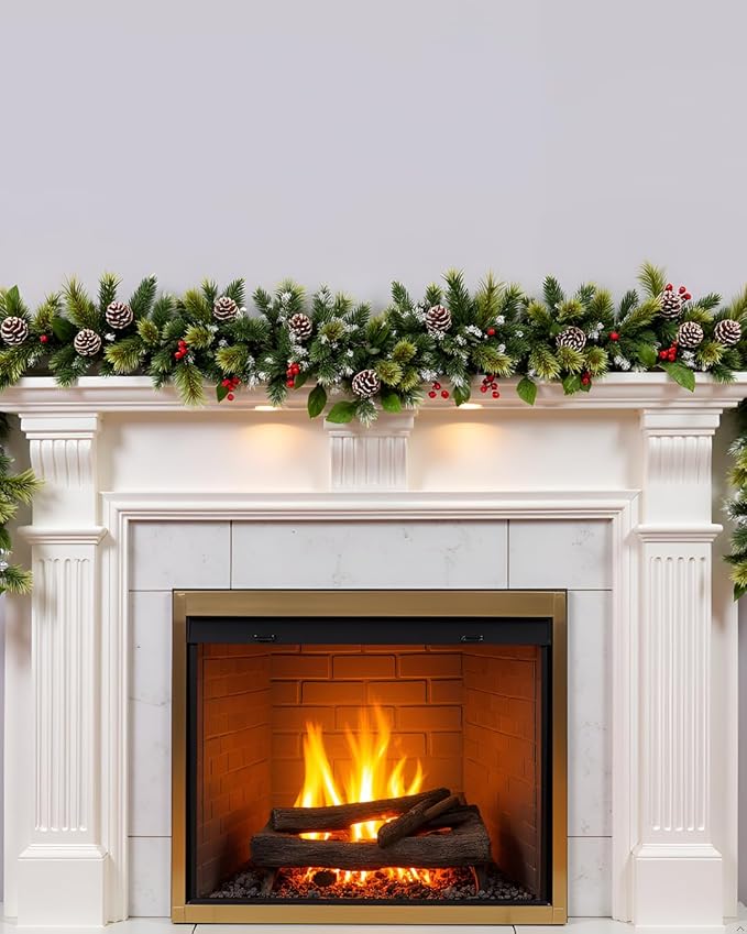 6ft Christmas Garland with Lights,Lighted Artificial Flowering Pine Garland for Mantle,Prelit Faux Green Christmas Winter Garland with Pine Cones and Red Berry for Indoor Outdoor Decor
