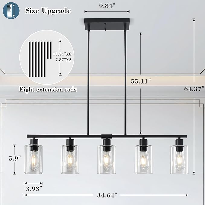 Black Linear Chandelier for Kitchen Island - 5 Light Pendant Lighting Fixture with Glass Shades, Adjustable Height Farmhouse Dining Room Hanging Light