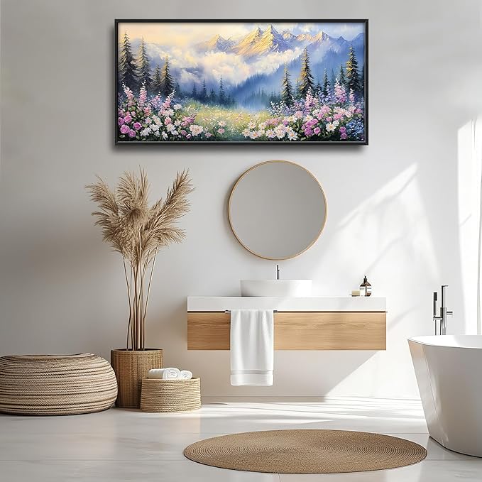 Framed Large Wall Art for Living Room, Forest Mountain Canvas Wall Decor, Flowers Tree Pictures Painting, Modern Landscape Artwork for Bedroom Office 60L'' × 30W''