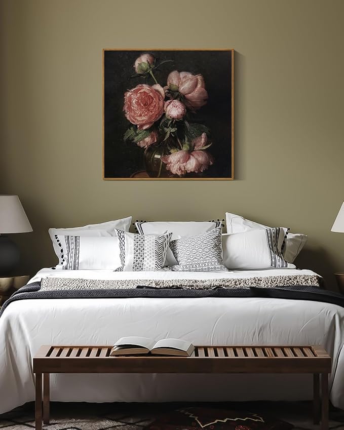 InSimSea Square Framed Canvas Wall Art, Large Decor Vintage Peony Flower Paintings, Floral Wall Pictures for Bedroom Bathroom Living Room, Canvas Prints Artwork, Farmhouse Decor 20"x20"