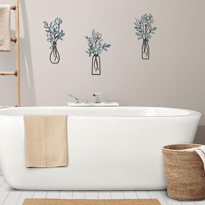 ARTINME 3 Pieces Metal Flowers Wall Arts - Rustic Farmhouse Decor Minimalist Flower Wall Decors for Living room Bathroom Kitchen Bedroom Dining Room - Housewarming Gifts (Blue)